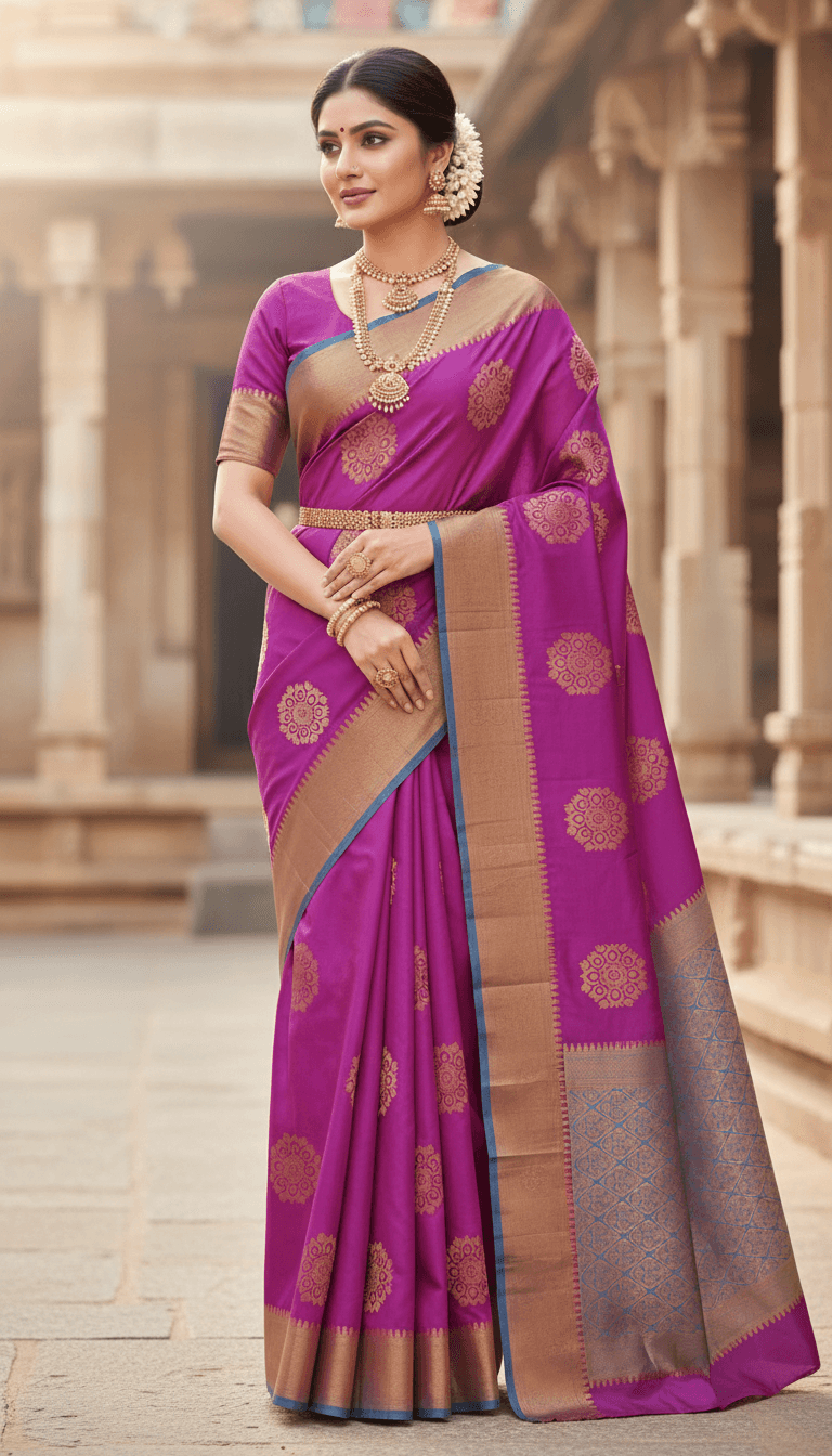 Model wearing a vibrant magenta and gold silk saree generated by the E-Degin AI mockup tool