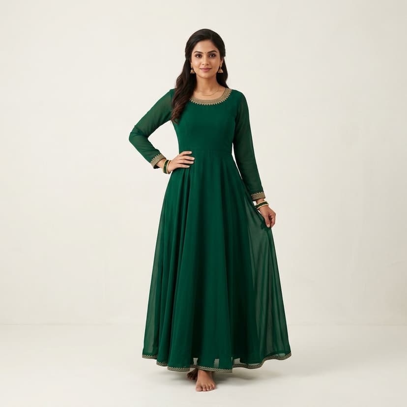 Model wearing a flared Anarkali kurti generated by E-Degin AI